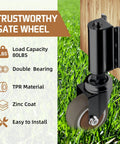2 Inch Gate Wheel Caster For Wooden Gates, 80 Lb Capacity, 360 Degree Rotation, Spring Loaded Design, TPR Rubber Tire installed on wooden gate