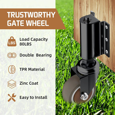 2 Inch Gate Wheel Caster For Wooden Gates, 80 Lb Capacity, 360 Degree Rotation, Spring Loaded Design, TPR Rubber Tire installed on wooden gate
