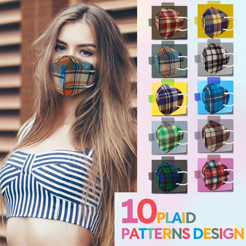Model wearing KN95 Face Mask For Adults With 10 Fresh Prints, showcasing plaid design and promotional grid of all patterns