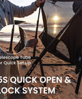 Man setting up Ultra Lightweight Backpack Chair With 5 Second Folding on beach, showcasing telescope tube and lock system.