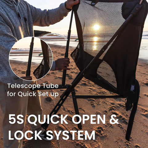 Man setting up Ultra Lightweight Backpack Chair With 5 Second Folding on beach, showcasing telescope tube and lock system.