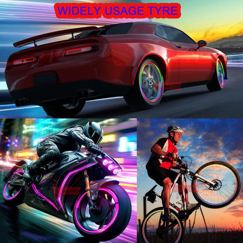 Four Pack Colorful LED Tire Valve Lights For Cars And Bikes, Waterproof Wheel Valve Cap Lamps on car, motorcycle, bicycle
