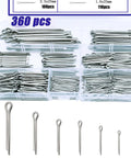Front view of cotter pin assortment kit in a plastic storage box; 360 pcs, 304 stainless steel, 6 sizes.