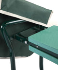 Close-up of Workhorse Garden Stool and Kneeler with Tool Bags, showing green soft kneeling pad and sturdy iron frame.