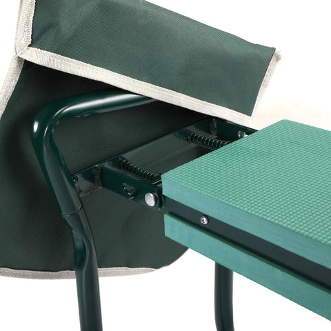 Close-up of Workhorse Garden Stool and Kneeler with Tool Bags, showing green soft kneeling pad and sturdy iron frame.