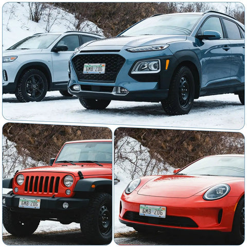 Two SUVs, a red Jeep, and a red sports car with 2-Pack Clear License Plate Covers With Screws And Caps, 12.2 X 6.3 Inches visible