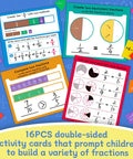 Hands On Fraction Tiles And Circles Activity Set For Kids Ages 6 To 12 Learn Fractions With Visual Circles And Bars Math Manipulatives Includes 102 Easy Grip Foam Pieces 9 Fraction Tiles 9 Circles 16 Double Sided Cards And Dry Erase Markers, showing colorful double-sided activity cards.