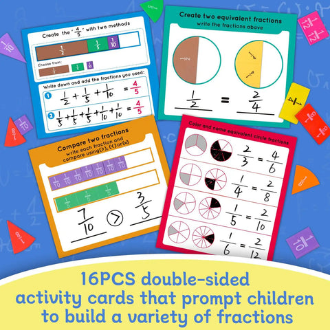 Hands On Fraction Tiles And Circles Activity Set For Kids Ages 6 To 12 Learn Fractions With Visual Circles And Bars Math Manipulatives Includes 102 Easy Grip Foam Pieces 9 Fraction Tiles 9 Circles 16 Double Sided Cards And Dry Erase Markers, showing colorful double-sided activity cards.