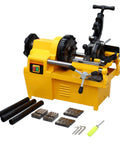 Zero Hassle Prograde 3 In 1 Electric Pipe Threader For 1 To 2 Inch Pipe, 750W 220V with cutting parts and tools laid out.