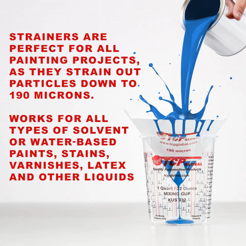 Ultra Fine 190 Micron Paint Filter Tips Cone Strainers 50 Pack Pure Blue Nylon Mesh Pro Grade with pouring paint shown