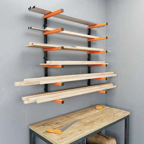 Heavy Duty Six Shelf Lumber Rack Wall Mount Wood Organizer Built Tough For Garage Storage Rock Solid Steel Construction on wall with wooden boards.