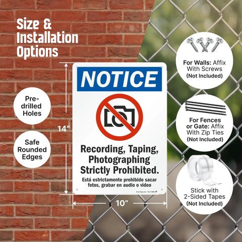 Heavy Duty Aluminum Bilingual Privacy Warning Sign Rock Solid For Outdoors 10x14 inches mounted on brick and fence.