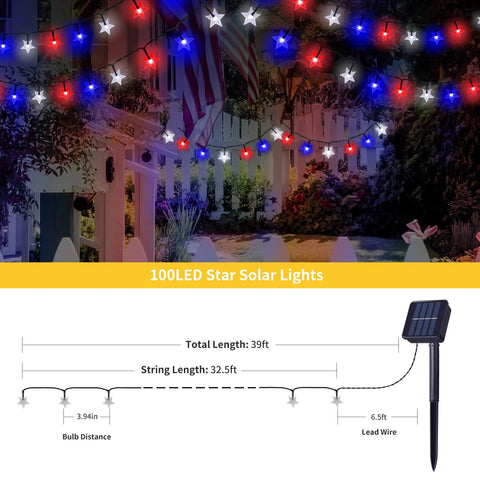Two Pack Solar Powered Patriotic Star String Lights With 100 LEDs Each 33 Ft Long Waterproof Outdoor Decor For Patio Display