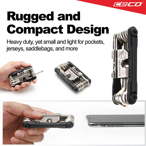 Pro Grade 20 Function Bike Tool With Chain Breaker, Heavy Duty Bicycle Multi Tool shown in hand, pocket size, CR-V 6150 steel