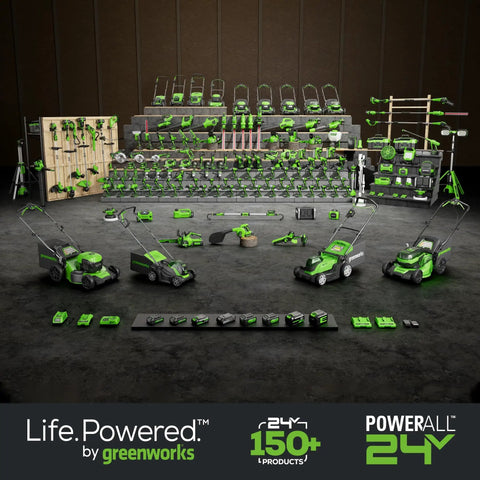Display of various Greenworks power tools including mowers and chargers with focus on '24V 18-Gauge Brushless Cordless AirStrike Brad Nailer Kit'