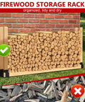 Heavy Duty Firewood Rack And 8-Foot Cover Bundle For Outdoor Wood Storage by a brick wall, organized logs, outdoor use