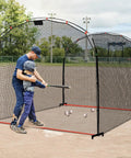 Father and son using Portable Baseball And Softball Batting Cage Net With Frame For Backyard Practice, 13x10x8 ft in park