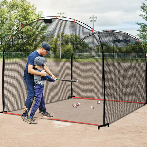 Father and son using Portable Baseball And Softball Batting Cage Net With Frame For Backyard Practice, 13x10x8 ft in park
