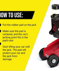 Slotted Rubber Jack Pads For Pro Grade Lifts, Pinch Weld And Frame Rail Protector in use with hydraulic jack