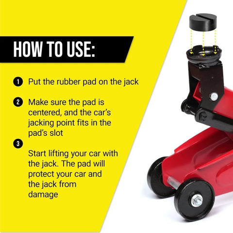 Slotted Rubber Jack Pads For Pro Grade Lifts, Pinch Weld And Frame Rail Protector in use with hydraulic jack