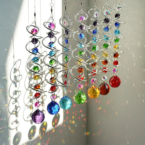 Seven Piece Crystal Gazing Ball Spiral Wind Spinner Suncatchers For Garden Decor, Durable Metal Frame With K9 Crystal Prisms, Cool Colorful Outdoor Yard Ornaments That Catch Sunlight And Spin In The Breeze, hanging rainbow crystal spinners