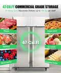 Pro Grade Commercial Reach In Freezer, Stainless Steel Upright Industrial Cooler For Restaurants And Bars, Auto Defrost Digital Controls, Heavy Duty Adjustable Shelving with food items.