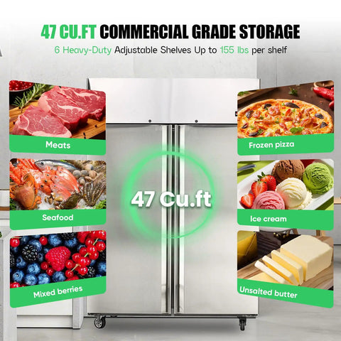 Pro Grade Commercial Reach In Freezer, Stainless Steel Upright Industrial Cooler For Restaurants And Bars, Auto Defrost Digital Controls, Heavy Duty Adjustable Shelving with food items.