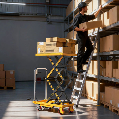 Tera LT1502 hydraulic lift table cart, side view, yellow platform with scissor lift in warehouse.