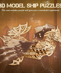 3D Dragon Ship Wooden Puzzle Kit For Adults showcasing intricate gears and details with a dragon figurehead against a rustic background