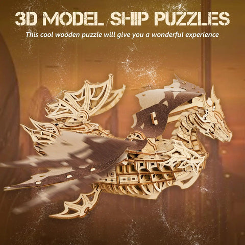 3D Dragon Ship Wooden Puzzle Kit For Adults showcasing intricate gears and details with a dragon figurehead against a rustic background