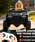 Child driving Powerful 24V Two Seater Ride On Car With 800W Motors, remote control shown, outdoors.