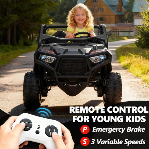 Child driving Powerful 24V Two Seater Ride On Car With 800W Motors, remote control shown, outdoors.