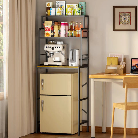 Three Tier Mini Fridge Stand With Heavy Duty Wood And Metal Platforms For Kitchen Dorm Organization with espresso machine and snacks.