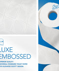 Scott Luxe Embossed 2-ply toilet paper bulk pack with 80 individually wrapped white rolls.