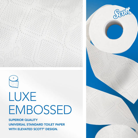 Scott Luxe Embossed 2-ply toilet paper bulk pack with 80 individually wrapped white rolls.