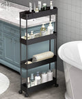 Slim Four Tier Storage Cart Rolling Organizer For Kitchen Bathroom Laundry And Office Space Saver Mobile Shelving Unit With Slide Out Drawer Narrow Gaps Black next to bathroom vanity and tub.