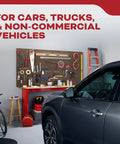 Garage scene with car, tools, and Vehicle Fire Extinguisher For Cars And Trucks Single Use 10BC With All Metal Construction.