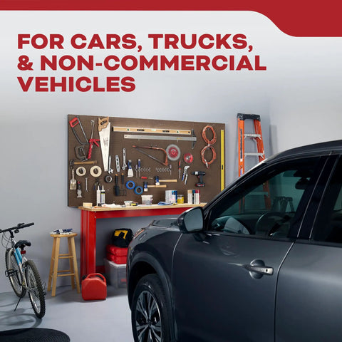 Garage scene with car, tools, and Vehicle Fire Extinguisher For Cars And Trucks Single Use 10BC With All Metal Construction.