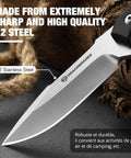 EDC Fixed Blade Knife With Kydex Sheath 7 Inch D2 Steel razor sharp, close-up of blade and handle, rope in background
