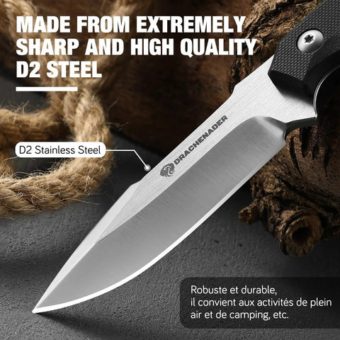 EDC Fixed Blade Knife With Kydex Sheath 7 Inch D2 Steel razor sharp, close-up of blade and handle, rope in background