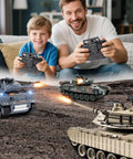 Father and son playing with 1/18 Scale M1A2 Abrams RC Tank With 2.4G Remote Control, BB Shooting, Smoke, Sound And Lights, 165ft Range