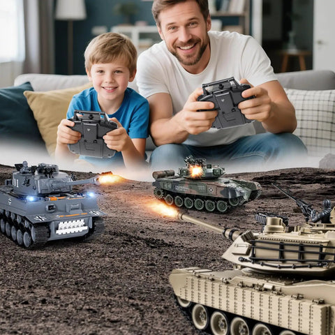 Father and son playing with 1/18 Scale M1A2 Abrams RC Tank With 2.4G Remote Control, BB Shooting, Smoke, Sound And Lights, 165ft Range