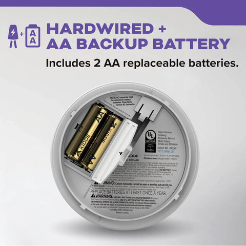 Back view of Hardwired Smoke And Carbon Monoxide Detector Combo With Interconnected Alarm LED Status Lights And AA Battery Backup Dual Detection Tech showing AA battery compartment.