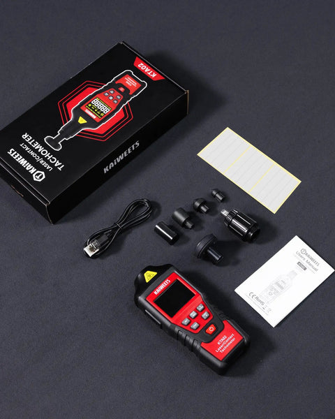 All-In-One Dual Mode Laser And Contact Tachometer With Rechargeable Battery Pro-Grade Photo Sensor RPM Meter Ranges 10 To 99999 And 1 To 19999 Backlit Display Hold Max Min Avg Hi Low Alarm, with adapters