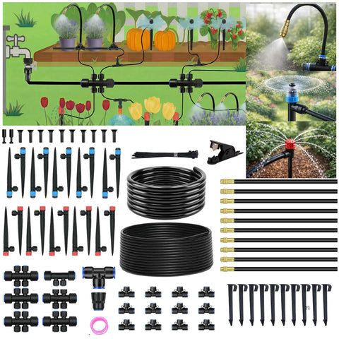 All In One 240Ft Drip Irrigation System For Garden And Yard With Half Inch Quick Connect PE Tubing Automatic Sprinkler Kit Easy Setup And Quarter Inch Watering Hose For Outdoor Raised Beds Flowers Lawns And Greenhouses components displayed