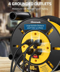 80 Foot Heavy Duty Retractable Extension Cord Reel For Indoor Outdoor Use With Four Grounded Outlets 14/3 AWG SJTW Cord