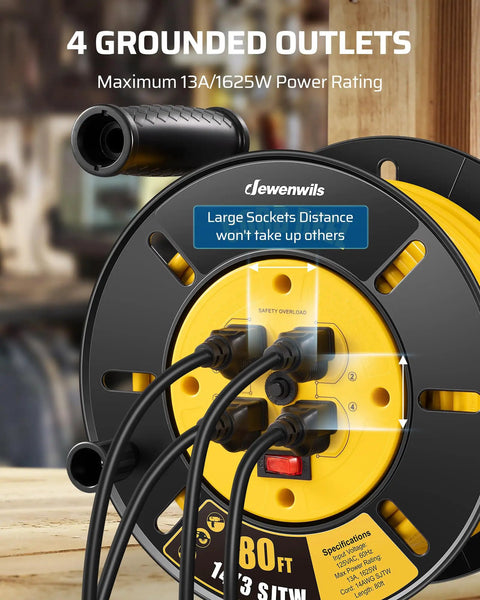 80 Foot Heavy Duty Retractable Extension Cord Reel For Indoor Outdoor Use With Four Grounded Outlets 14/3 AWG SJTW Cord