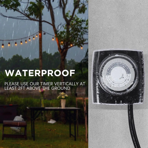 Heavy Duty Mechanical 24 Hour Outdoor Timer Outlet With Waterproof Cover Long Cord in rain, showcasing waterproof design for outdoor use.