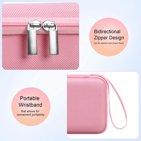 Close-up of pink carrying case for portable handheld inhaler nebulizer machine showing bidirectional zipper and wristband