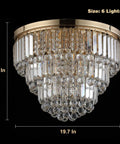 Modern K9 Crystal Gold Flush Mount Chandelier With 6 Lights, 3 Tier Round Ceiling Fixture, Crystal Raindrops Sparkle, Brass Gold Finish